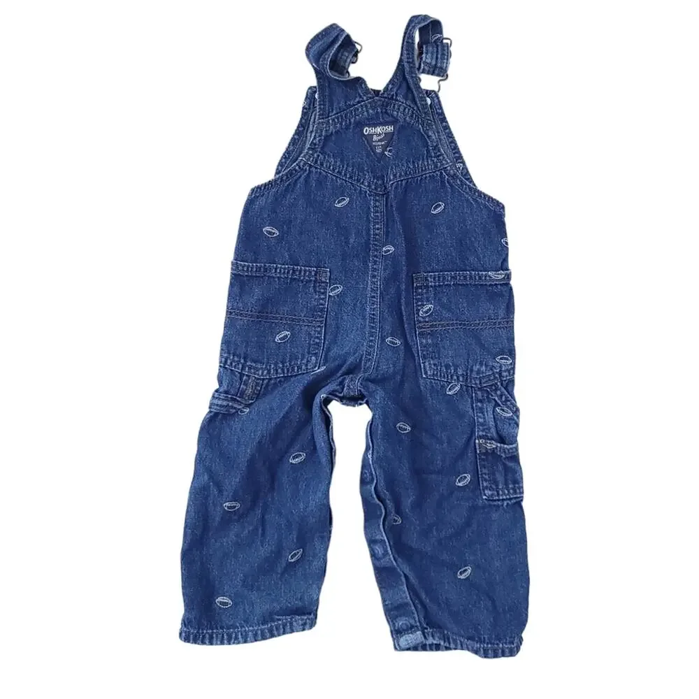 OshKosh Blue Jean Overalls Size 18 Months Football Embroidery Denim Baby